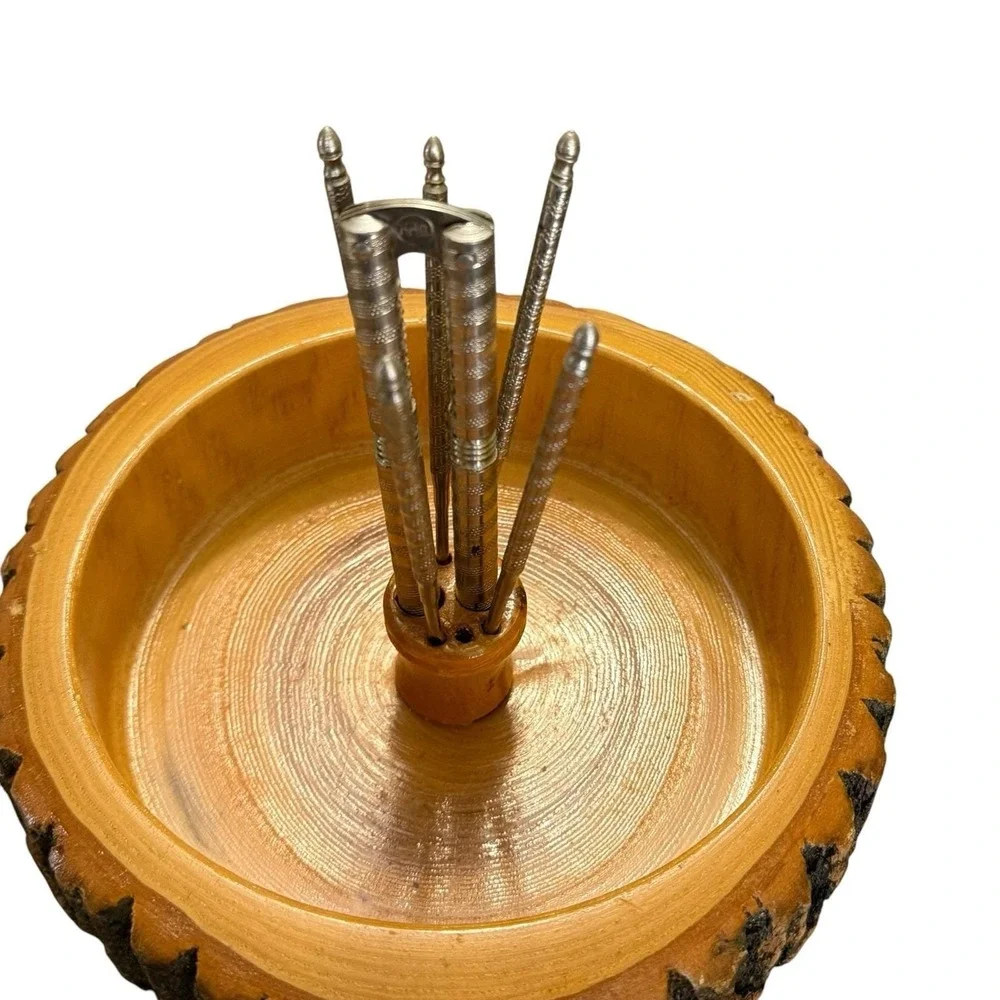 Vintage Wood Nut Bowl Bark Edge Nutcracker 5 Picks Rustic Mid Century Snack Set